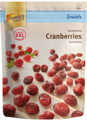 Bolsa con base de 400 g de arándanos rojos deshidratados con el logotipo Farmer's Snack, XXL y etiquetado vegano
