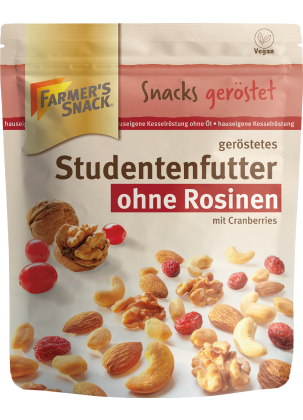 Opakowanie prażonej mieszanki szlaków bez rodzynek sułtańskich, prażone 150 g z logo Farmer's Snack, nowym dżemem i wegańskim oznakowaniem