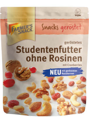 Freestanding packaging for roasted trail mix without raisins, roasted 150g with Farmer's Snack logo, new display stand and vegan label