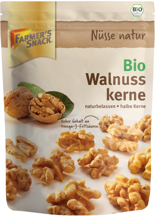 Freigestellte Verpackung von Bio Walnusskernen 110g mit Farmer's Snack Logo und Bio-Siegel