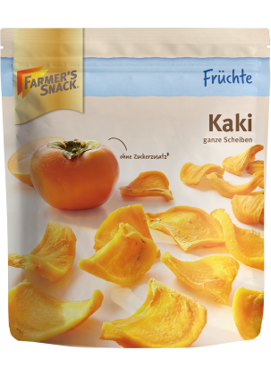 Freigestellte Verpackung von getrockneter Kaki 125g mit Farmer's Snack Logo