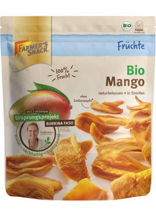 Bolsa con base de mango ecológico 100g con logotipo Farmer's Snack, vegano y certificado ecológico con distintivo de proyecto en origen