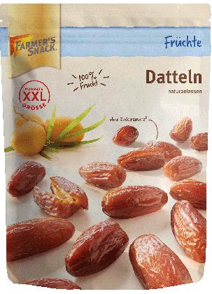 Freigestellte Verpackung von getrockneten Datteln 500g mit Farmer's Snack Logo und XXL-Kennzeichnung