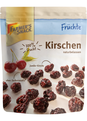Freigestellte Verpackung von Kirschen naturbelassen mit Farmer's Snack Logo