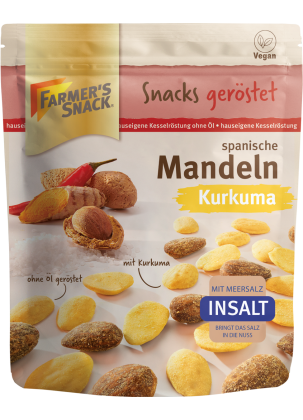 Bolsa con base Farmer's Snack de almendras españolas con cúrcuma con logotipo Farmer's Snack y etiquetado vegano