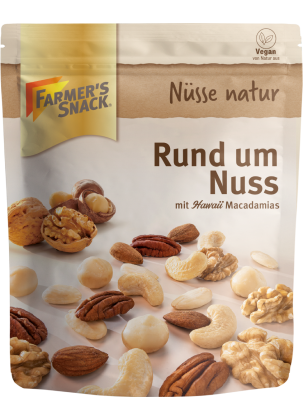 Bolsa con base con etiquetado vegano con el título Todos los frutos secos con macadamias de Hawái