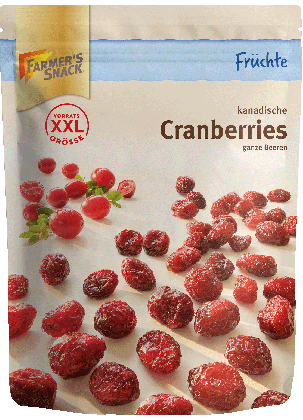 Freigestellte Verpackung von getrockneten Cranberries 400g mit Farmer's Snack Logo und XXL-Kennzeichnung