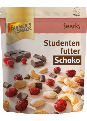 Bolsa con base con etiquetado vegano con el título "Mezcla de frutos secos con chocolate"