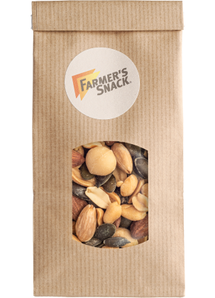 Wolnostojące opakowanie mieszanki orzechów Portowa miłość w brązowym opakowaniu z naklejką z logo Farmer's Snack