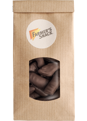 Freigestellte Verpackung von schokolierten Orangetten in einer braunen Verpackung mit Farmer's Snack Logo Sticker