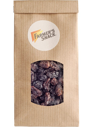 Wolnostojące opakowanie rodzynek w brązowym opakowaniu z naklejką z logo Farmer's Snack
