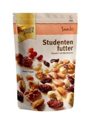 Freigestellte Verpackung von Studentenfutter Klassik, geröstet 150g mit Farmer's Snack Logo