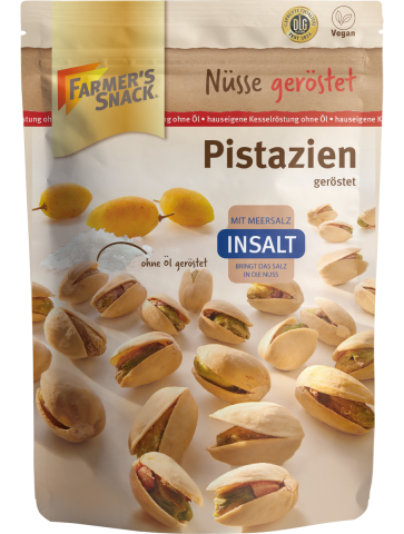 Bolsa con base de pistachos con cáscara InSalt de 150 g con el logotipo de Farmer's Snack, etiquetado vegano y logotipo de la DLG.