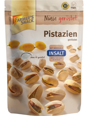 Freestanding packaging for InSalt pistachios in shell, 150 g, with Farmer's Snack logo, vegan label and DLG logo.
