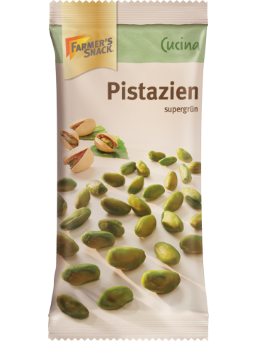 Freigestellte Verpackung von Cucina Pistazien supergrün ohne Schale 50g mit Farmer's Snack Logo