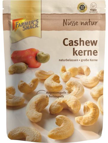 Opakowanie naturalnych orzechów nerkowca 175 g z logo Farmer's Snack, logo DLG i etykietą wegańską