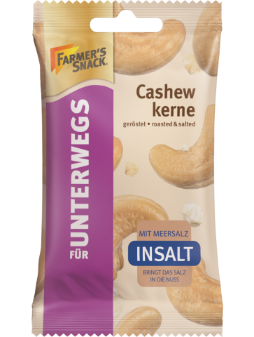 Freigestellte Verpackung von Unterwegs-Verpackungen geröstete Cashewkerne mit InSalt-Logo