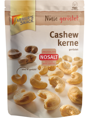 Freestanding packaging for NoSalt 150g cashew nuts with Farmer's Snack logo, Nosalt logo and vegan seal