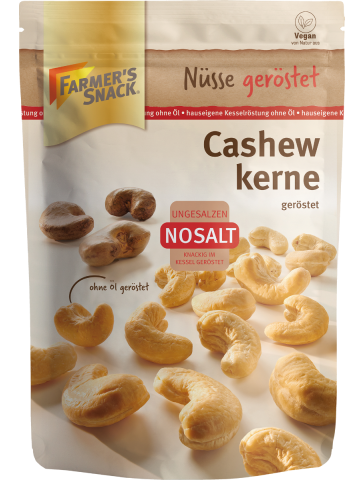 Bolsa con base de anacardos NoSalt 150g con logotipo Farmer's Snack, logotipo Nosalt y sello vegano