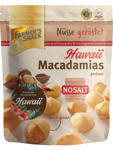 Opakowanie prażonych makadamii hawajskich NoSalt z logo Farmer's Snack, etykietowanie wegańskie
