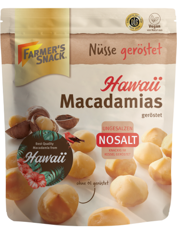 Exempted packaging of roasted Hawaiian macadamias with Farmer's Snack logo, vegan label and DLG logo