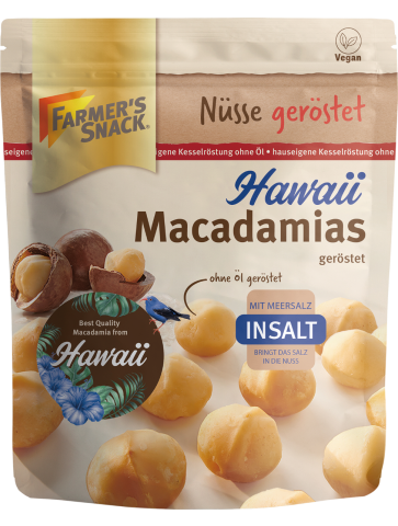 Bolsa con base de macadamias hawaianas tostadas InSalt con el logotipo Farmer's Snack, etiquetado vegano