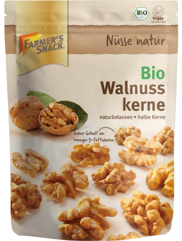 Freestanding packaging of organic walnut kernels 110g with Farmer's Snack logo, vegan and organic seal