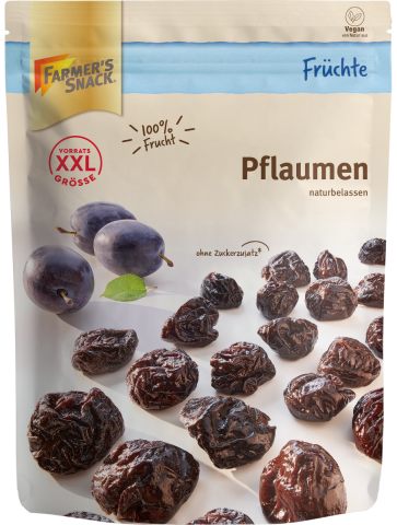 Freestanding packaging of dried plums 500g with Farmer's Snack logo, XXL and vegan labelling