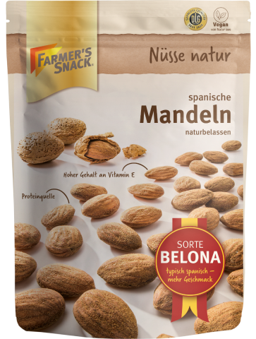 Freestanding packaging for natural Spanish almonds, 200 g, with Farmer's Snack logo, vegan and Belona variety labelling, and DLG logo.