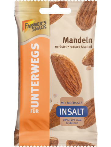 Freigestellte Verpackung von Unterwegs-Verpackungen geröstete Mandeln mit InSalt-Logo