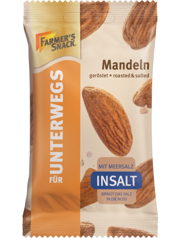 Freigestellte Verpackung von Unterwegs-Verpackungen geröstete Mandeln mit InSalt-Logo