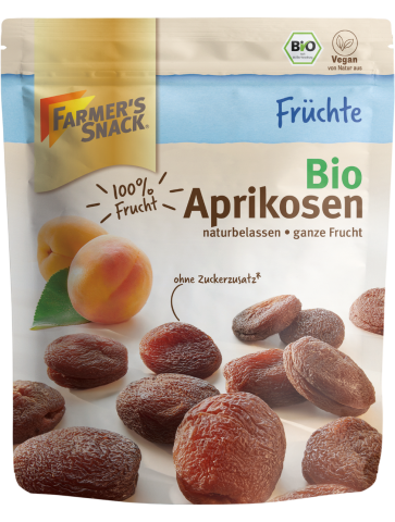 Freestanding packaging for dried organic apricots, 150 g, with Farmer's Snack logo, organic seal and vegan label.