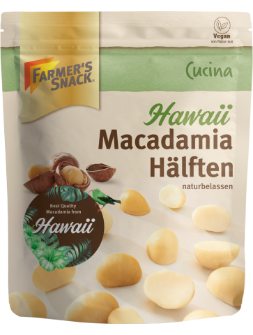 Packaging of Cucina Hawaii Macadamia halves natural with vegan labeling and "Best Quality Macadamia from Hawaii" jammer
