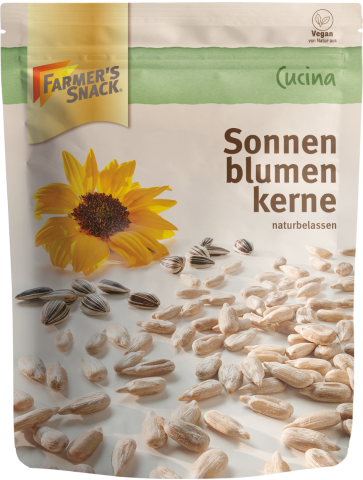 Opakowanie nasion słonecznika 250 g z logo Farmer's Snack i etykietą wegańską