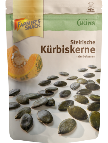 Freestanding packaging of Styrian pumpkin seeds 200g with Farmer's Snack logo and vegan label