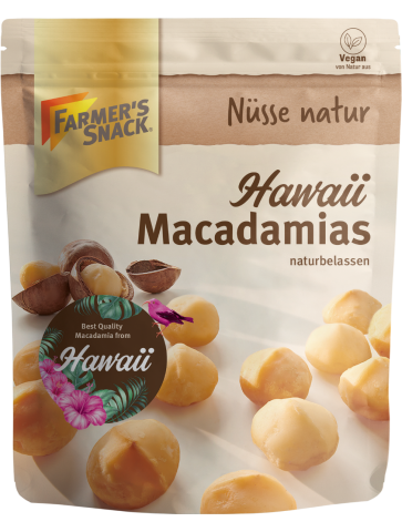 Freigestellte Verpackung von Hawaii Macadamias naturbelassen mit Vegan-Kennzeichnung und "Best Quality Macadamia from Hawaii"-Störer