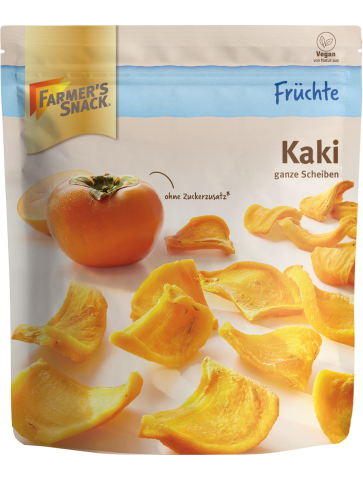 Freestanding packaging of dried persimmons, 125 g, with Farmer's Snack logo and vegan label