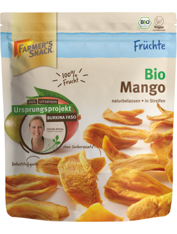 Freestanding packaging for organic mangoes, 100 g, with Farmer's Snack logo, vegan and certified organic with origin project label