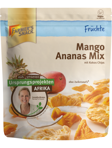Freestanding packaging for mango pineapple mix 130g with Farmer's Snack logo, display card with Origin Project Africa and vegan label.