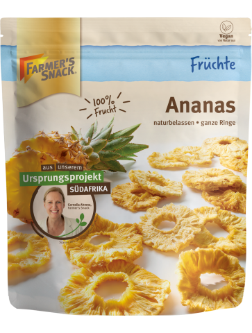 Freestanding packaging for pineapple 120g with Farmer's Snack logo, vegan label and origin project insert.