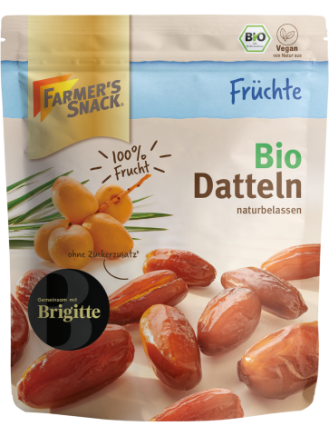 Opakowanie suszonych daktyli ekologicznych 130 g z logo Farmer's Snack, pieczęcią ekologiczną i etykietą wegańską