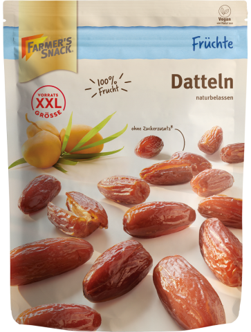 Freestanding packaging of dried dates 500g with Farmer's Snack logo, XXL and vegan labelling