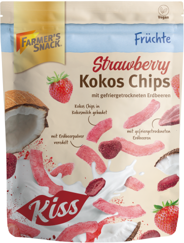 Bolsa con base con Chips de coco con fresas liofilizadas con etiquetado vegano