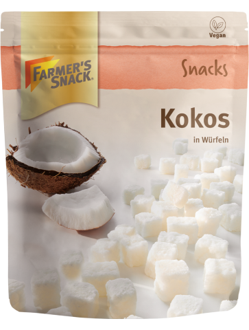 Freestanding packaging of coconut cubes, 100 g, with Farmer's Snack logo and vegan label