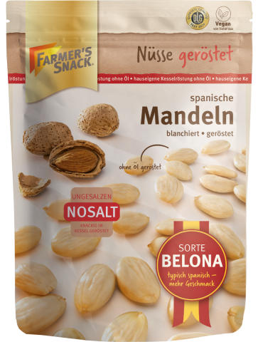 Bolsa con base de almendras blanqueadas NoSalt de 200 g con el logotipo de Farmer's Snack, el logotipo de la DLG, el logotipo de NoSalt y distintivo de la variedad Belona