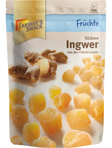 Opakowanie imbiru 200 g z logo Farmer's Snack i etykietą wegańską