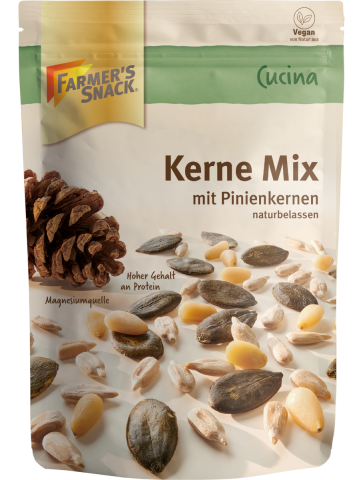 Bolsa con base de mezcla de semillas Cucina con pipas de girasol, pipas de calabaza y piñones 150g con el logotipo de Farmer's Snack y etiquetado vegano