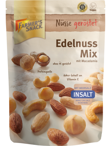 Freestanding packaging for Edelnuss Mix InSalt with macadamia nuts, 150 g, with Farmer's Snack logo, vegan label, Insalt and DLG logos