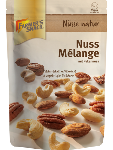 Bolsa con base de mezcla de frutos secos con nueces pacana 150g con el logotipo de Farmer's Snack y etiquetado vegano