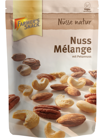 Freestanding packaging for nut mélange with pecans, 150 g, with Farmer's Snack logo and vegan label